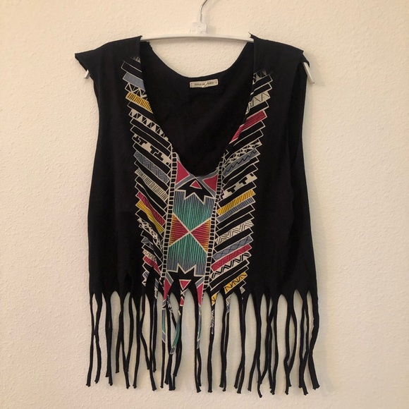 Urban Outfitters Tops - UO tribal print black fringe crop top Urban Outfitters Tops - UO tribal print black fringe crop top